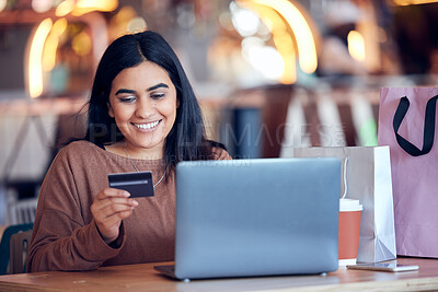 Buy stock photo Online shopping, woman and credit card with freelance worker on a ecommerce website. Person, cafe and freelancer at a laptop on a digital store app for deal and discount with payment at table