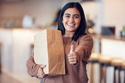 Buy stock photo Paper bag, woman shopping and thumbs up portrait with happiness and motivation from shop deal. Winner, young female person and emoji hand gesture at home with grocery bags and retail purchase success