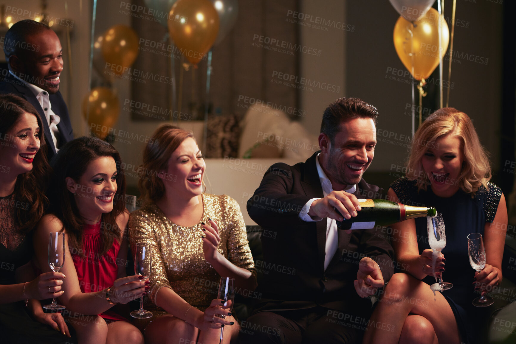 Buy stock photo Laugh, friends and glasses for champagne in party, social gathering and celebration with happiness. Group, people and women with man for alcohol, drinking and nightlife in club event with confidence