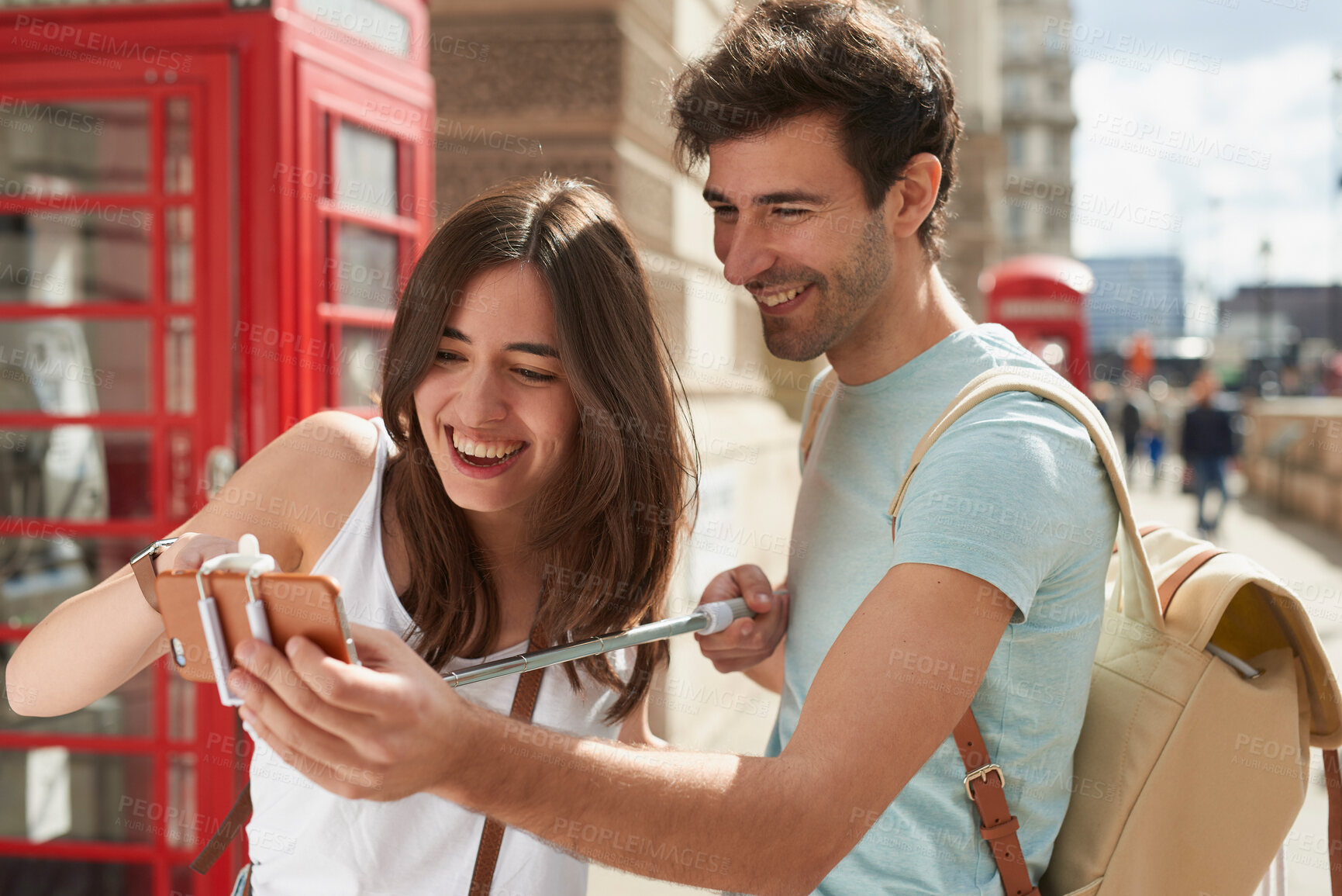 Buy stock photo Travel, selfie and couple in London city on smartphone, social media, networking and influencer lifestyle update. Blog digital friends in Big Ben using phone, live streaming uk vacation trip together