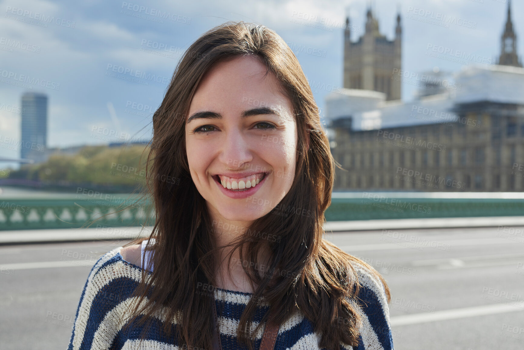 Buy stock photo Happy, portrait or woman face in London street, road or bridge for travel, with motivation or vision. Smile, young girl in city for adventure, peace and vacation or holiday in summer outdoor
