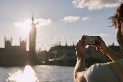 Buy stock photo Man photograph Big Ben on phone in London, traveling and tourism, holiday sightseeing and famous historic landmark, buildings and vacation. Tourist, mobile pictures and clock tower in England city