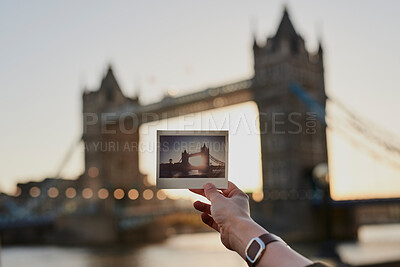 Buy stock photo Tourist, photograph and London bridge, traveling and tourism, holiday sightseeing memory or building icon, adventure or vacation. Photography, picture print or tower in England city skyline at sunset