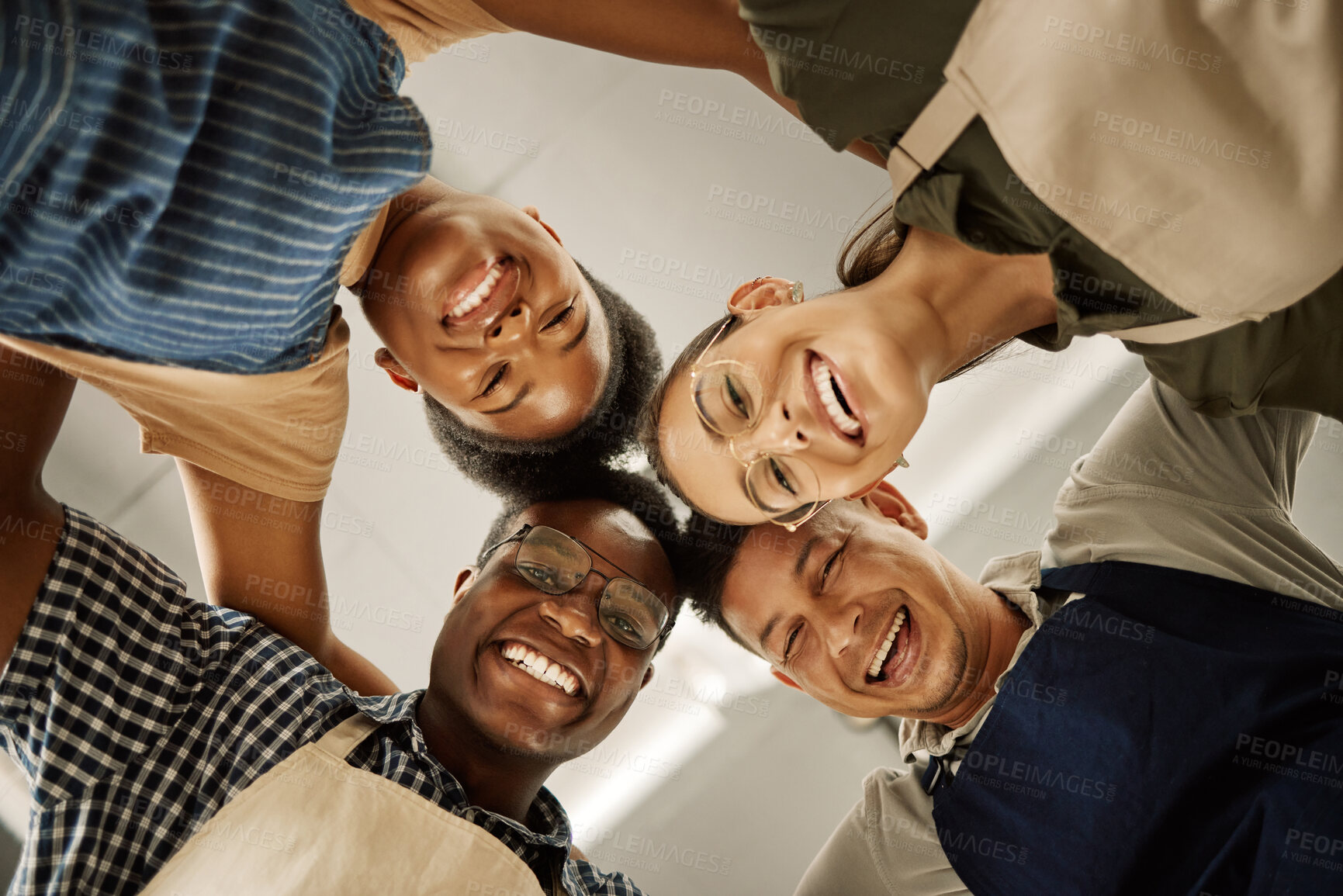 Buy stock photo Portrait, barista and happy team together at coffee shop for support, solidarity or about us in circle below. Group diversity, waiters and people at cafe for collaboration, huddle and face at startup