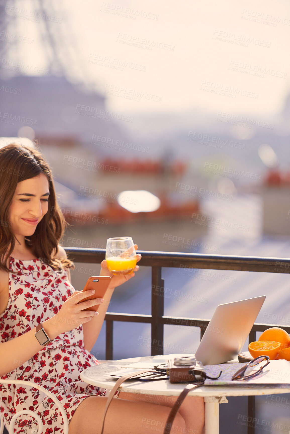 Buy stock photo Breakfast, rooftop and woman with phone in France for social media, internet and online post. Happy, morning and person on smartphone and laptop for tourism website on holiday, vacation and travel