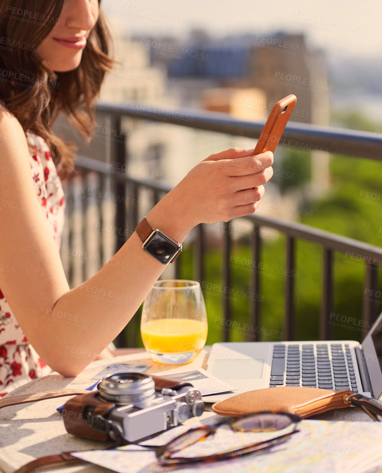 Buy stock photo Breakfast, balcony and woman with phone in city for social media, internet and online post. France, morning and person on smartphone and laptop for tourism website on holiday, vacation and travel