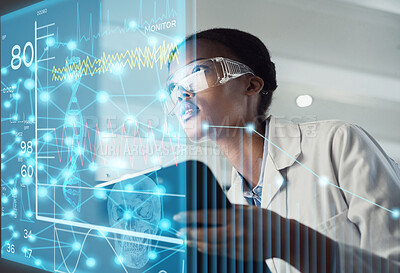 Buy stock photo Woman, doctor and digital transformation in medical research, statistics or data at the hospital. Female healthcare professional looking at technology dashboard for futuristic science and innovation