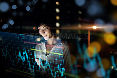 Buy stock photo Business woman, tablet and dashboard at night of stock market, trading or graph and chart data at office. Female trader or broker working late on technology checking trends, analytics or statistics