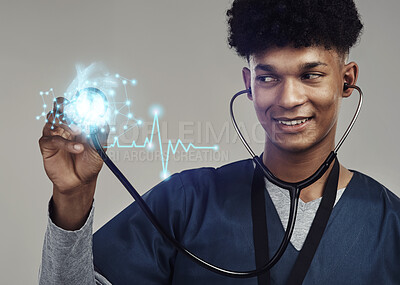 Buy stock photo Happy man, doctor and stethoscope for futuristic healthcare, cardiology or heart rate. Male medical professional with smile checking cardiovascular, rhythm or sound against a grey studio background
