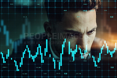 Buy stock photo Serious businessman, overlay and stock market at night for trading, graph and chart data at office. Man trader or broker working late on technology checking market trends, analytics or statistics