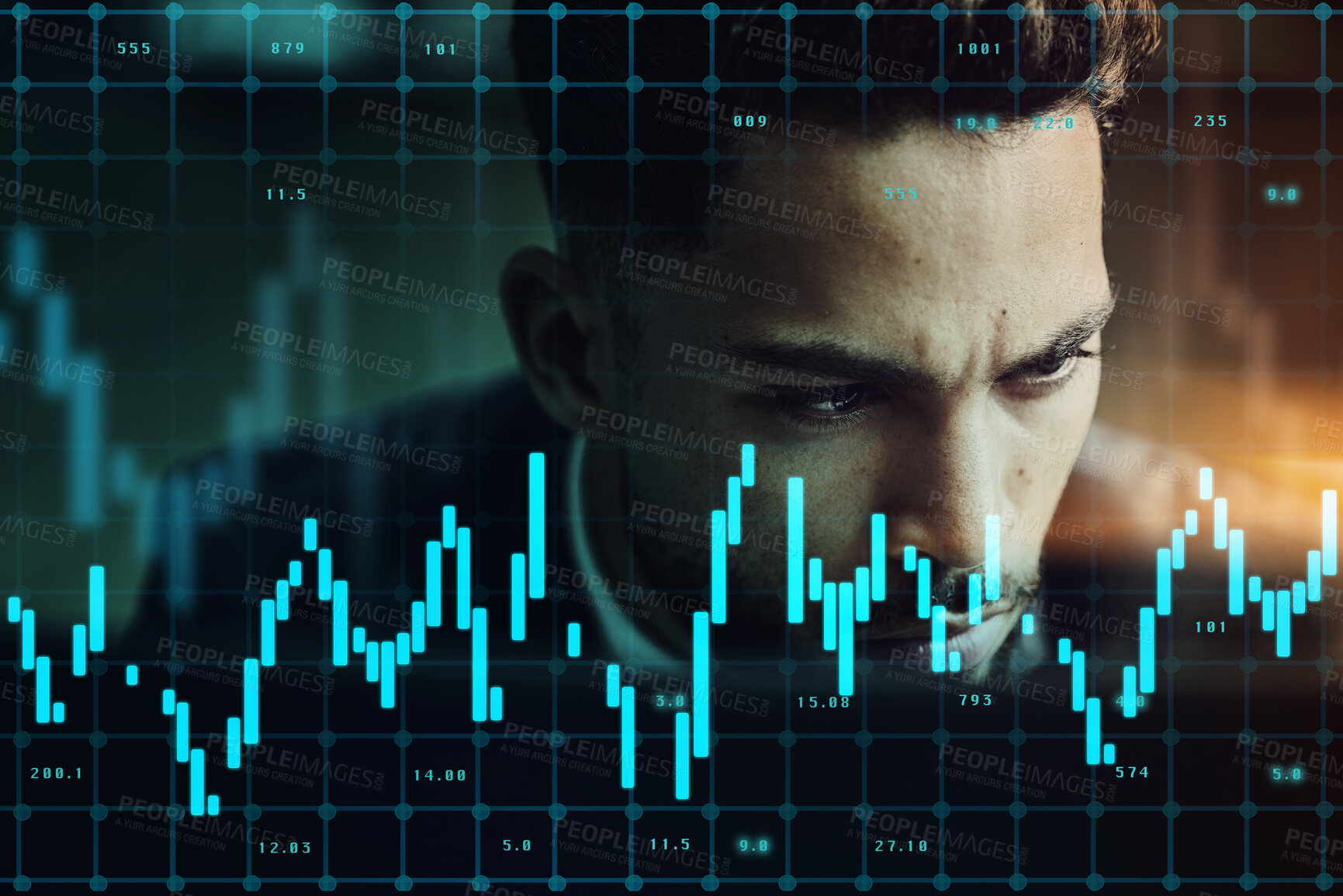 Buy stock photo Serious businessman, overlay and stock market at night for trading, graph and chart data at office. Man trader or broker working late on technology checking market trends, analytics or statistics
