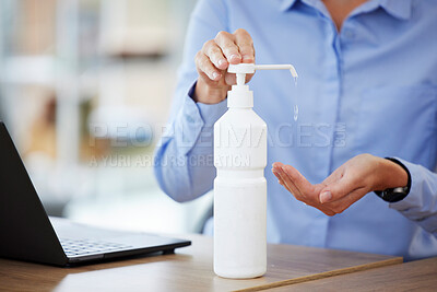 Buy stock photo Hands, sanitizer and cleaning in office for health, safety and wellness for hygiene. Sanitize, business person and disinfect  hand from bacteria, virus or germs for protection from covid in workplace