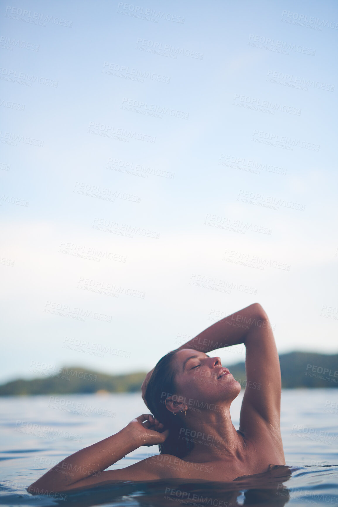 Buy stock photo Ocean, swimming and woman with summer, sea and relax with getaway trip, freedom and outdoor for fun. Person, traveller and girl with holiday, water and tourism with weekend break, vacation and travel