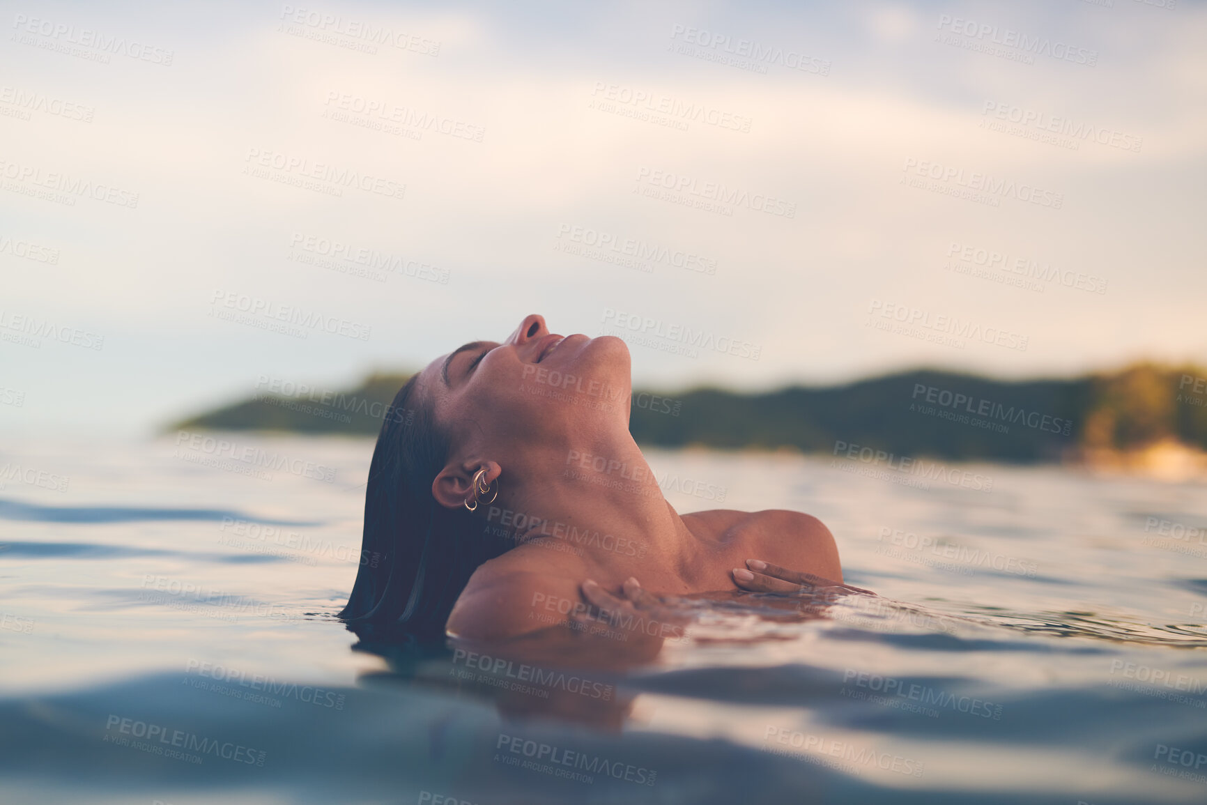 Buy stock photo Ocean, swimming and woman with vacation, travel and relax with getaway trip, freedom and outdoor for fun. Person, tourism and girl with holiday, water and summer with weekend break, carefree or smile