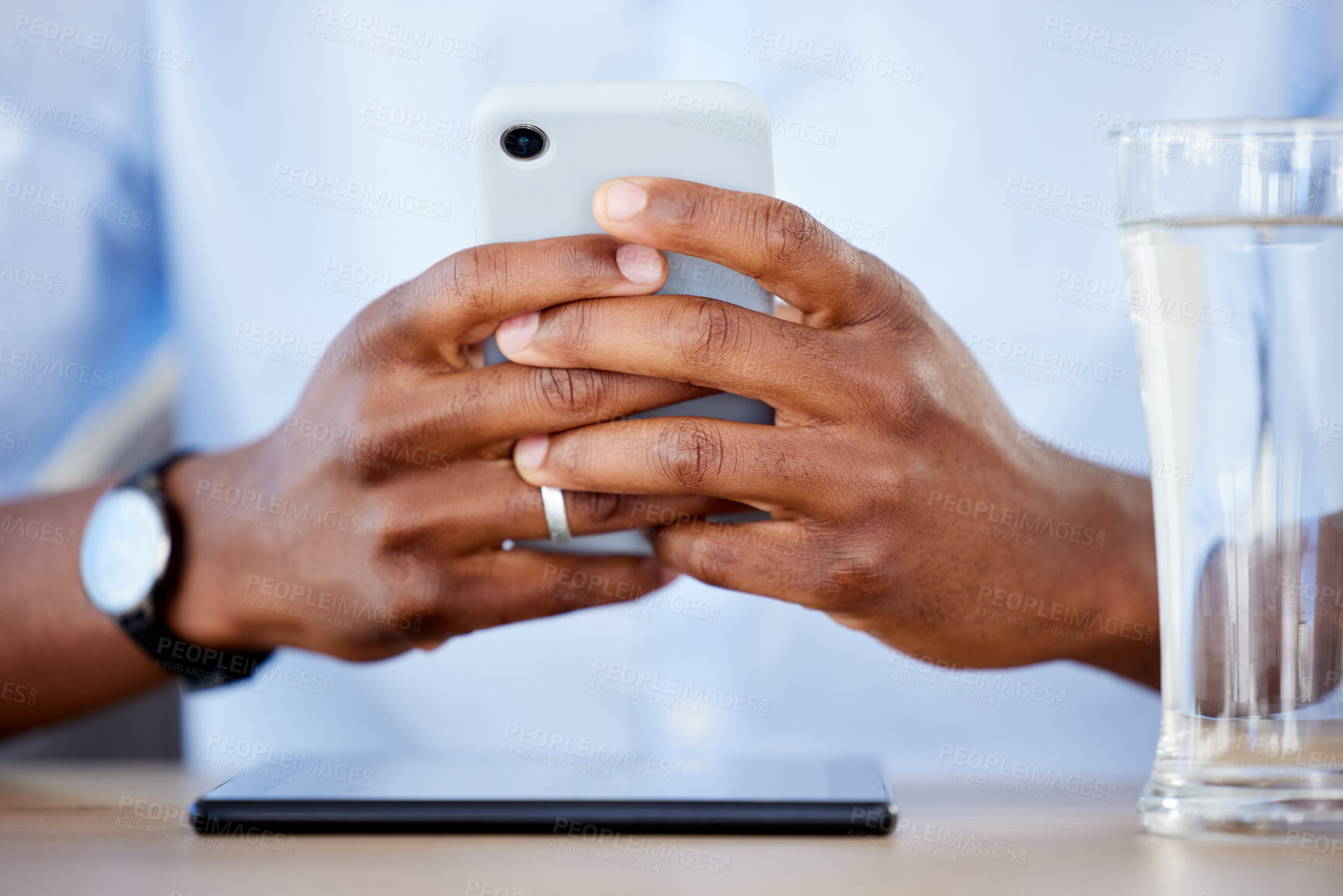 Buy stock photo Hands, smartphone and typing, social media and chat online with communication, technology and contact. Closeup of person scroll notification, using phone and mobile app with internet and connectivity