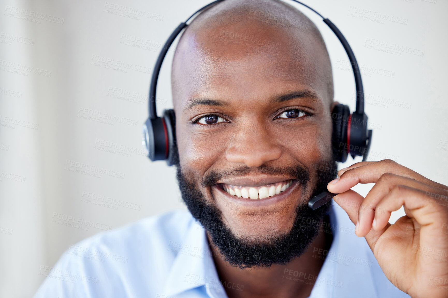 Buy stock photo Microphone, call center and smile on face of black man agent for telemarketing, salesman or help desk. Portrait of african consultant person with headset for sales, customer service or crm support