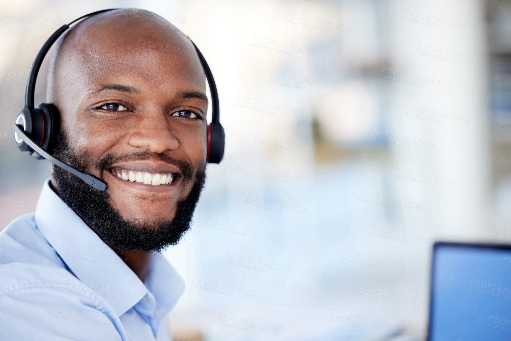 Buy stock photo Call center, headset and smile on face of black man or agent with mockup space for telemarketing. Portrait of african consultant person with microphone for sales, customer service or crm support