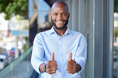 Buy stock photo Thumbs up, thank you and portrait of a black man entrepreneur happy for startup or company success in office building. Agree, yes and young employee or person with agreement sign, gesture and smile