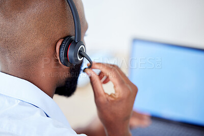Buy stock photo Consultant, back view of black man with headset and laptop at his desk for support. Telemarketing or customer service, online communication or networking and African male call center agent at work