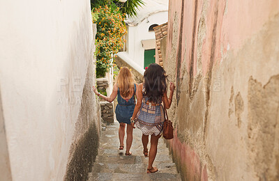 Buy stock photo Friends, summer and travel on city alley steps in Brazil for holiday, walk and adventure. Youth, freedom and girl tourists walking on village stairs together for vacation exploration.

