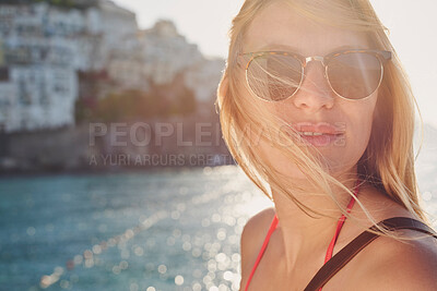 Buy stock photo Shot of an attractive young women enjoying her holiday in the Amalfi Coast
