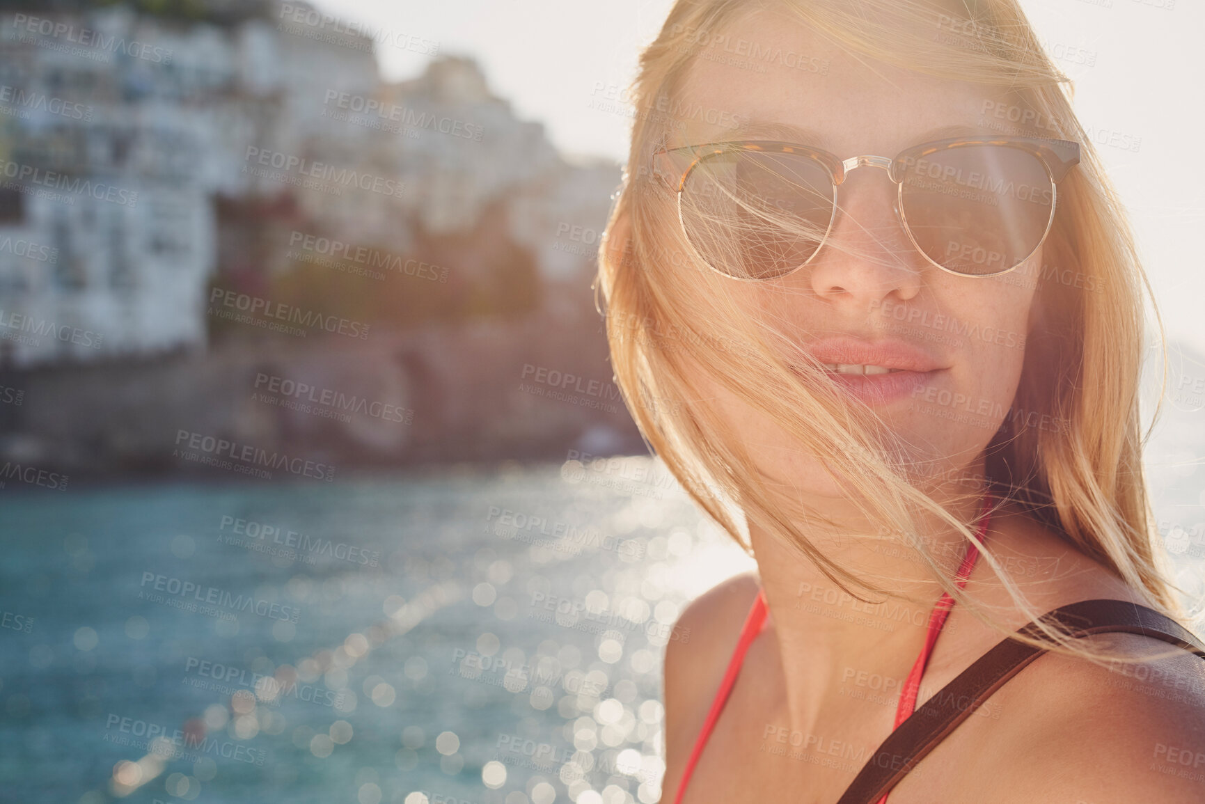 Buy stock photo Shot of an attractive young women enjoying her holiday in the Amalfi Coast