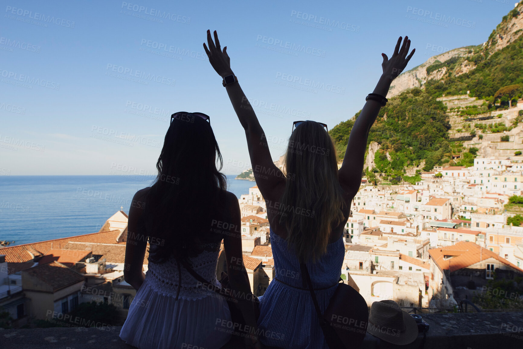 Buy stock photo Back, friends and freedom in silhouette for travel, journey and view of ocean on adventure in Italy. Women, students and outdoor in shadow with fun, study holiday and excited on summer vacation