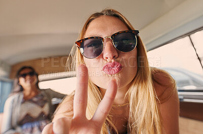 Buy stock photo Selfie, peace sign or portrait of happy woman on road trip with freedom on holiday travel in summer in car. Funny face, cool sunglasses or silly gen z girl tourist for social media on vacation break