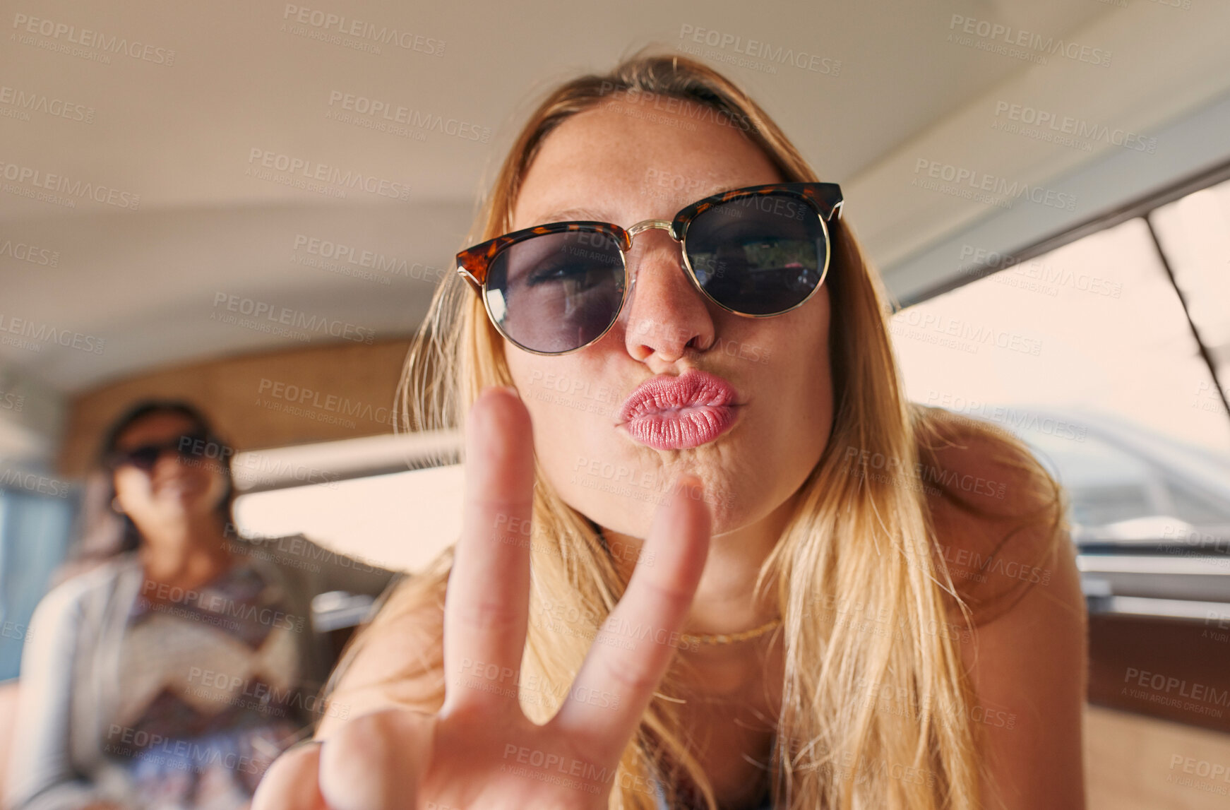 Buy stock photo Selfie, peace sign or portrait of happy woman on road trip with freedom on holiday travel in summer in car. Funny face, cool sunglasses or silly gen z girl tourist for social media on vacation break