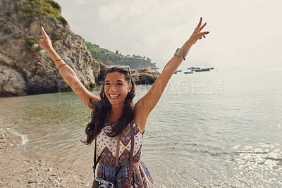 Buy stock photo Travel, ocean or excited girl tourist on holiday, vacation or weekend trip for a fun adventure in Italy. Sea, view or happy woman with hands up, freedom or smile abroad sightseeing in nature journey 