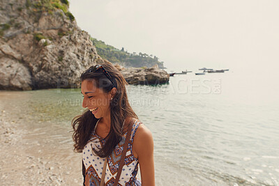 Buy stock photo Travel, ocean or happy woman tourist on holiday, vacation or weekend trip for a fun adventure in Italy. Summer, view or funny girl laughing with freedom or smile abroad in nature or sea to relax 