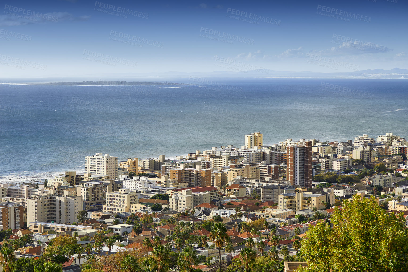 Buy stock photo City, ocean and urban buildings with architecture, infrastructure and development for property expansion. Skyline, metro cbd and outdoor with cityscape, skyscraper and sea with space in Cape Town