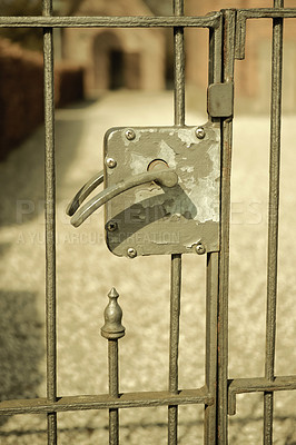 Buy stock photo Closeup of metal gate