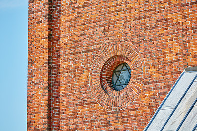 Buy stock photo Building, circle and window with jewish star for architecture, industrial design or construction of chapel or synagogue. Brick wall, glass and solid structure with pattern or symbolic detail on space