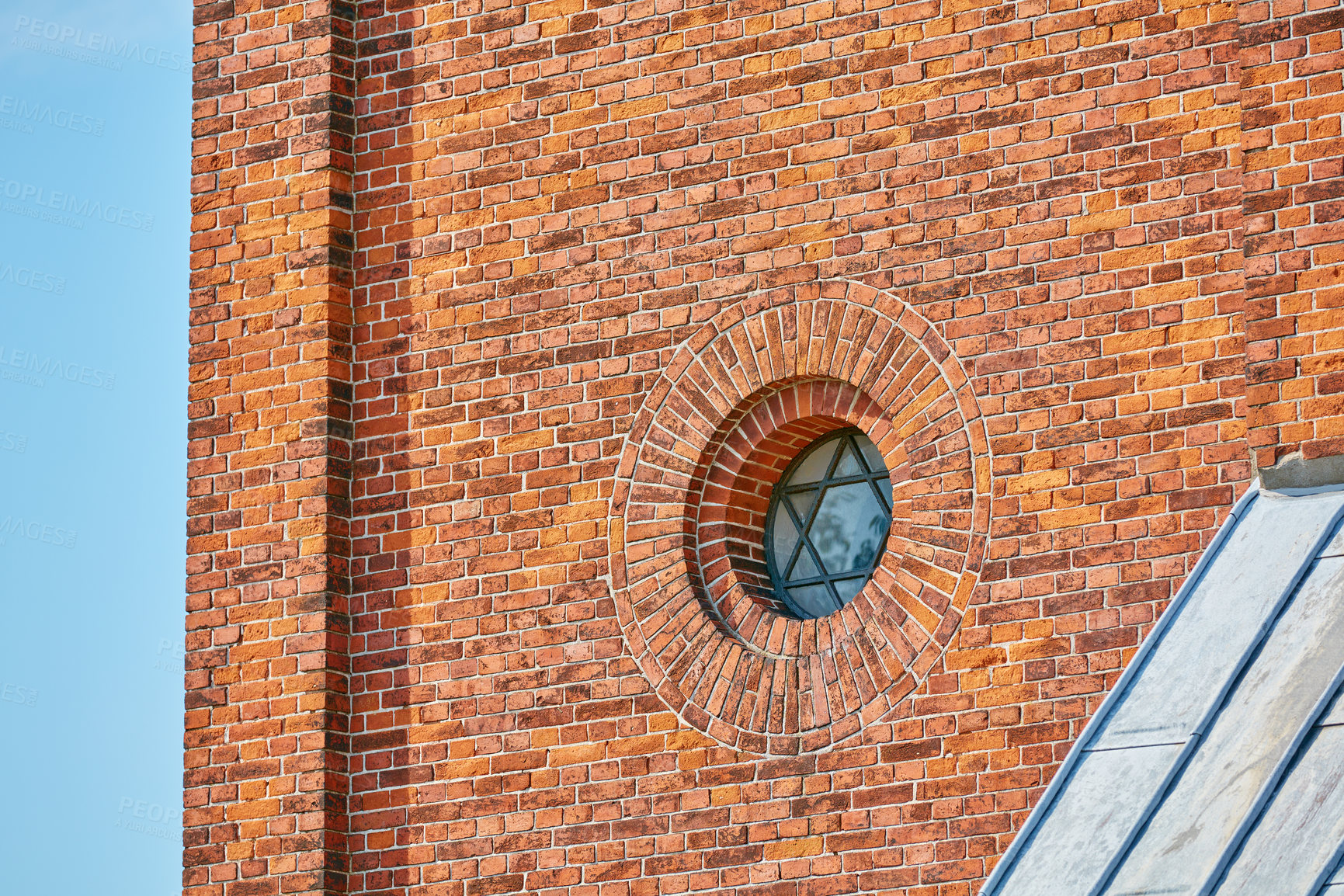 Buy stock photo Building, circle and window with jewish star for architecture, industrial design or construction of chapel or synagogue. Brick wall, glass and solid structure with pattern or symbolic detail on space