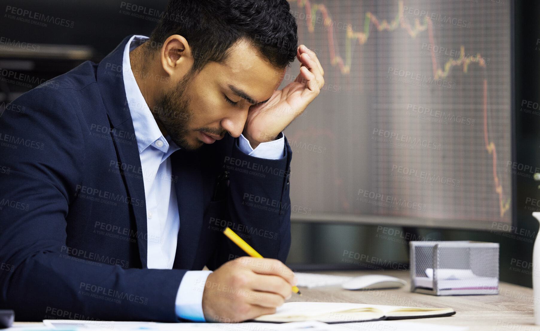 Buy stock photo Businessman with depression analysing the stock market and trading during a financial crisis. Stressed trader in a bear market, looking at stocks crashing. Market crash and economy failure