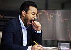 Tired businessman on the stock market, trading during a financial crisis. Yawning trader in a bear market, looking at stocks crashing. Market crash, stock default and economy failure or depression