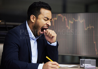 Tired businessman on the stock market, trading during a financial crisis. Yawning trader in a bear market, looking at stocks crashing. Market crash, stock default and economy failure or depression