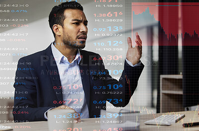 Buy stock photo Stressed and angry businessman, trading on the stock market during a financial crisis. Trader in a bear market with stocks crashing showing red numbers. Temper tantrum during market and economy crash