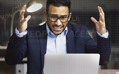 Buy stock photo Stressed businessman on the stock market, trading during a financial crisis. Online trader in a bear market, looking at stocks crashing. Market crash, stock default and economy failure or depression