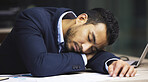 Tired businessman on the stock market, trading during a financial crisis. Sleeping trader in a bear market with stocks crashing. Market crash, stock default and economy failure or depressionTired businessman on the stock market, trading during a financial