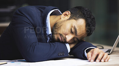 Tired businessman on the stock market, trading during a financial crisis. Sleeping trader in a bear market with stocks crashing. Market crash, stock default and economy failure or depressionTired businessman on the stock market, trading during a financial