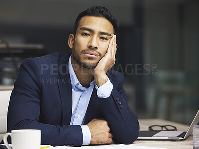 Buy stock photo Tired businessman on the stock market, trading during a financial crisis. Bored trader in a bear market, looking at stocks crashing. Market crash, stock default and economy failure or depression