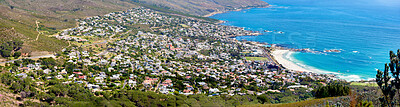 Buy stock photo Scenic still life view over a beach Bay and the mountains in the outdoors. Blue ocean on a sunny summer day
