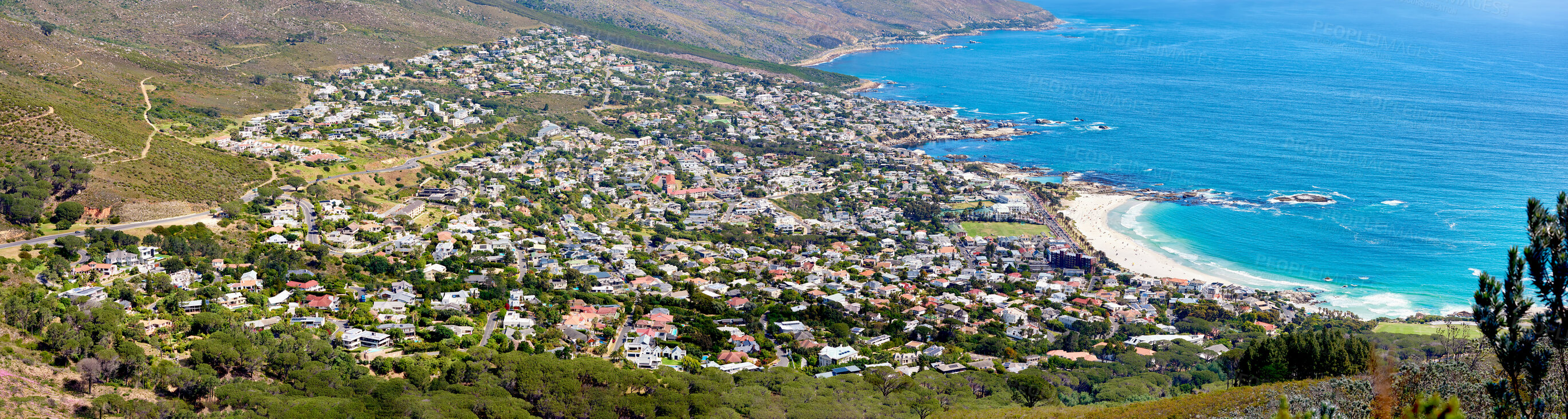 Buy stock photo Scenic still life view over a beach Bay and the mountains in the outdoors. Blue ocean on a sunny summer day
