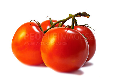 Buy stock photo One whole bright red fresh tomato, vegetable isolated inside of a bright studio against a white background. Fresh from the farm. A healthy and nutritious snack to add to your vegan or vegetarian diet