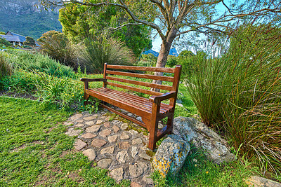 Buy stock photo A wooden bench on a pathway in a public park. A quiet place to enjoy nature and the peace it has to offer. Find tranquility amongst the green trees and other natural fauna. Mother nature is beautiful