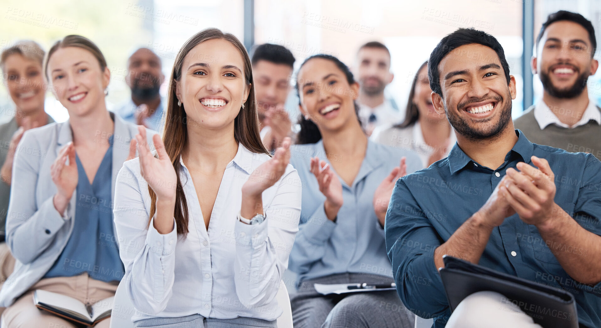 Buy stock photo Applause, happy and business people as an audience at a seminar with support or motivation. Smile, team and employees clapping hands for success, agreement or celebration at a workshop or conference