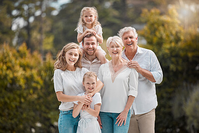 Buy stock photo Portrait of big family in park with smile, grandparents and parents with kids together in backyard. Nature, happiness and men, women and children in garden with love, support and outdoor bonding.