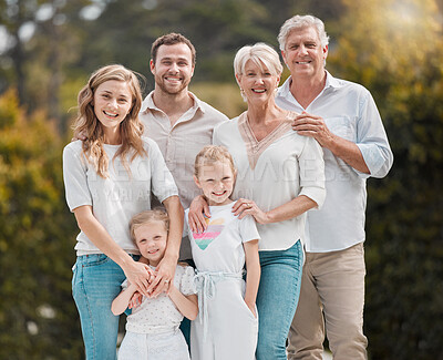 Buy stock photo Portrait of big family in park together with smile, grandparents and parents with kids in backyard. Nature, happiness and men, women and children in garden with love, support and outdoor bonding.